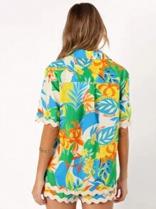Womens Casual 2 Piece Outfits Short Sleeve Leaf Print Shirt + Drawstring Shorts Set Beachwear
