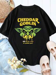 Women's Cheddar Goblin Tee Cute Spooky Graphic T-Shirt - 黑色 - 查看 1