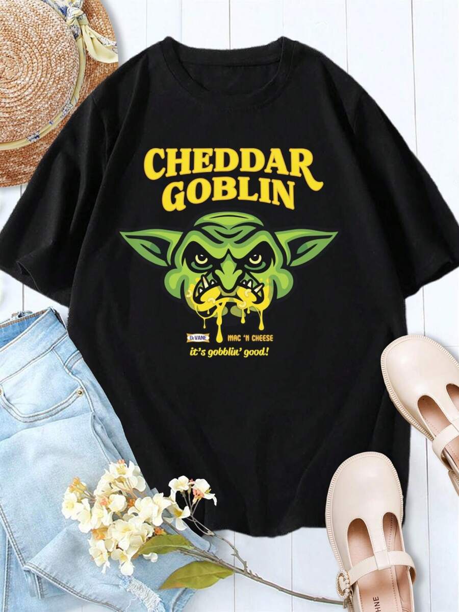 Women's Cheddar Goblin Tee Cute Spooky Graphic T-Shirt - 黑色 - 查看 1