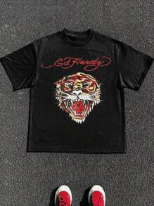 1 Uds. Camiseta con gráfico de tigre Vintage de algodón 100%, camisetas recortadas con diseño gráfico, camisetas con estampado gráfico, camisetas de algodón pesado de 220g - Negro - Ver 1