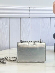 新款秋冬时尚迷你方包，蝴蝶结金属装饰，翻盖设计，双金属链条，小巧轻便，简约百搭。适合女性日常休闲使用，也适合学生，可用作零钱包或时尚蝴蝶结手提包，女士必备单品。 - 銀色 - 查看 5