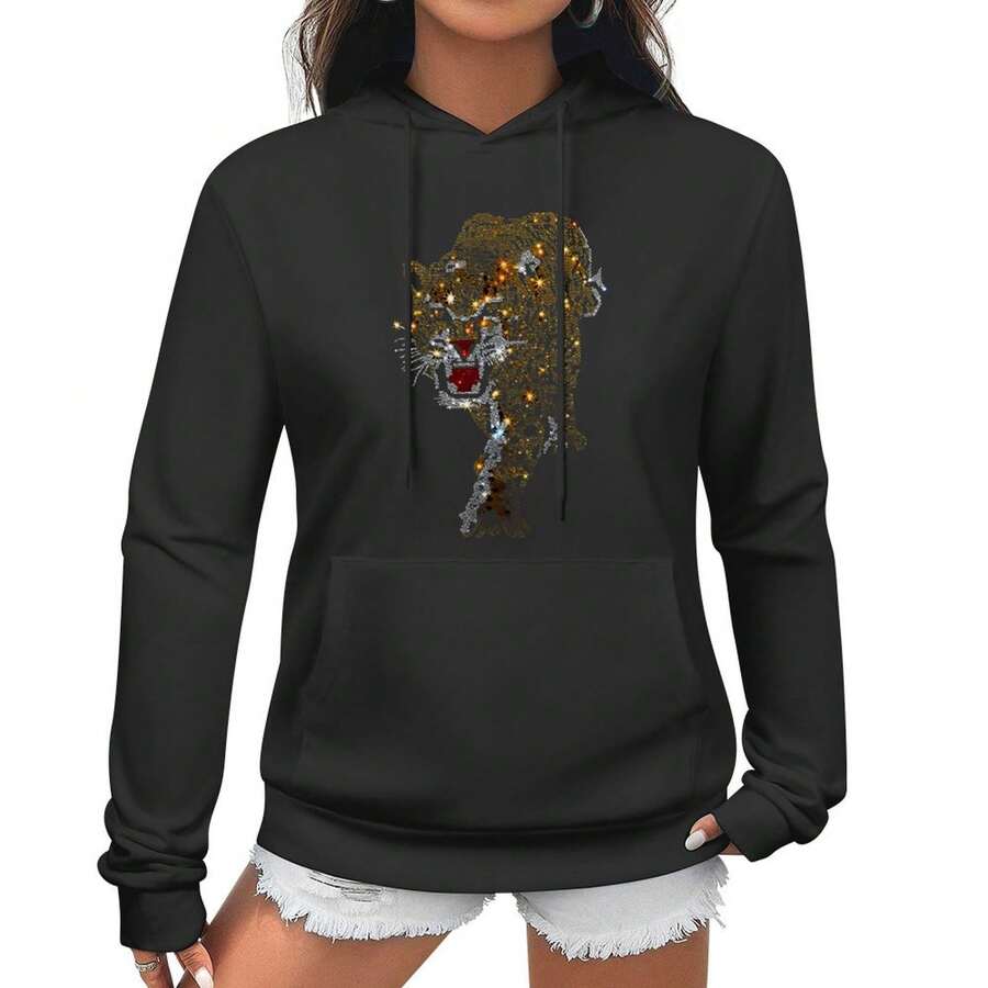 FASHION Mens Womens Sparkly T Hoodie Rhinestone Long Sleeve Rock Festival Bling Gemstone Hoodie Graphic Hoodies, Suitable As A Gift - 黑色 - 查看 1
