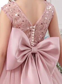 Tween Girl Elegant Bow Decor Dress, Flower Girl Princess Dress Suitable For Girls Wedding, Party, Birthday, Communion, Important Occasions - Pink - View 9