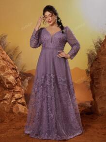 Vestido de noche de alta gama de manga larga con cuello en V, bordado de encaje, decoración de strass y perlas, para eventos, fiestas, invitados de boda, vestido formal, vestido de noche, talla grande
