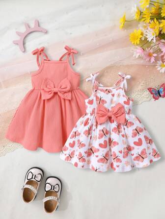 2pcs Set, Casual Elegant Sweet Cute Baby Girl Dress Outfit, Soft Comfortable Butterfly Decor Strap Princess Dress Suit, Suitable For Daily Wear, Vacation, Party, Photoshoot