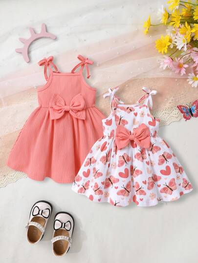 2pcs Set, Casual Elegant Sweet Cute Baby Girl Dress Outfit, Soft Comfortable Butterfly Decor Strap Princess Dress Suit, Suitable For Daily Wear, Vacation, Party, Photoshoot