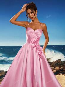Toosun Women Elegant Solid Color 3D Floral Decor Backless Halter Formal Evening Gown, Party Dress, Wedding Guest Dress, Evening Dress