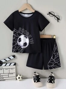 男童足球印花短袖T恤+休闲印花短裤套装，适合春夏季 - 黑色 - 查看 1