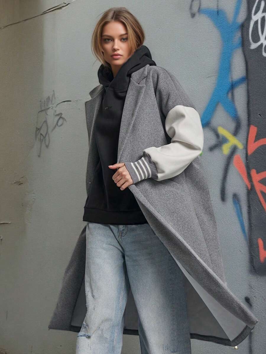 春夏新款女士长款超大夹克，意大利制造，落肩设计，袖子、纽扣和侧袋采用撞色设计。Sportif 优雅街头服饰，适合约会、学校、大学、办公室和工作穿着