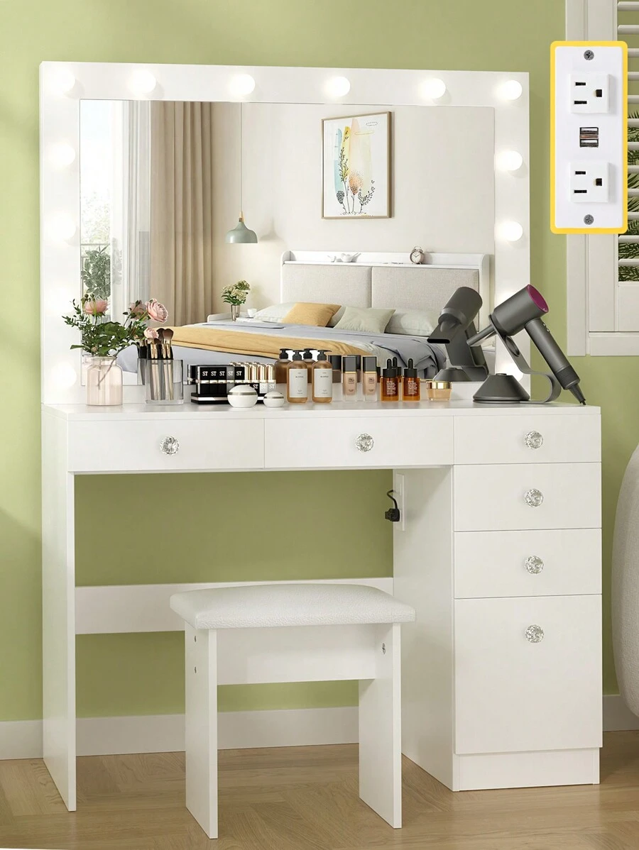 VOWNER 42.5" Vanity Desk With Lighted Mirror, 3 Color & Brightness Adjustable, Modern Makeup Vanity Desk With Power Outlet, Drawers & Cabinet, Come With Stool, Vanity Set Dresser For Girls Women, Gifts For Christmas, White/Black/Soft Pink - 白色 - 查看 1