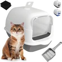 Raganet, Arenero/Inodoro para Gato Cerrado de 50cm X 35cm X 33cm, Caja de Arena para Gatos con Tapa y Puerta Abatible, Antiolores, Facil de Limpiar, Incluye Pala (Gris) - Gris - Ver 1