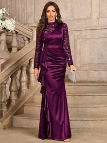 MIUSOL Contrast Lace Satin Stand Collar Long Sleeve Ruffle Hem Fitted Formal Party Dress, Wedding Guest Gown, Evening Dress, For Valentine's Day - Maroon - View 6