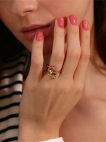 几何 Ins 风格不锈钢锆石开口戒指，高档戒指设计，精致轻奢女士珠宝，女士日常派对配饰，时尚珠宝，最佳朋友礼物 - 金色 - 查看 4