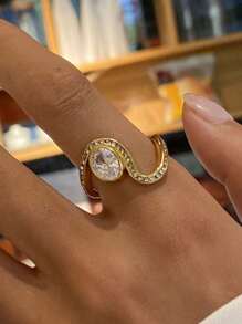 几何 Ins 风格不锈钢锆石开口戒指，高档戒指设计，精致轻奢女士珠宝，女士日常派对配饰，时尚珠宝，最佳朋友礼物 - 金色 - 查看 3