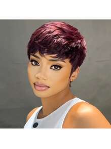 99J Pixie Cut Human Hair Wig 4-Inch 180% Density 99J Brazilian Remy Human Hair Wigs Glueless Human Hair Short Straight Style Hair Soft & Breathable Perfect For Parties And Daily Wear