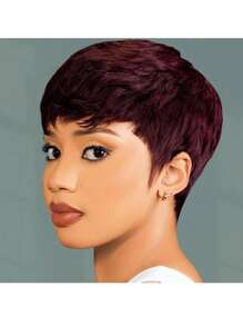 99J Pixie Cut Human Hair Wig 4-Inch 180% Density 99J Brazilian Remy Human Hair Wigs Glueless Human Hair Short Straight Style Hair Soft & Breathable Perfect For Parties And Daily Wear