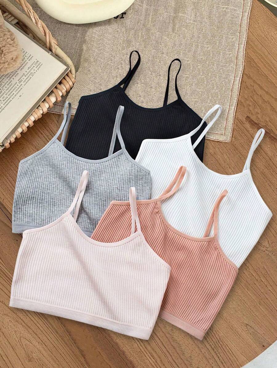 Set de 5 piezas de top tipo bralette sin costuras acanalado para niñas preadolescentes, sujetador deportivo inalámbrico cómodo - Multicolor - Ver 1