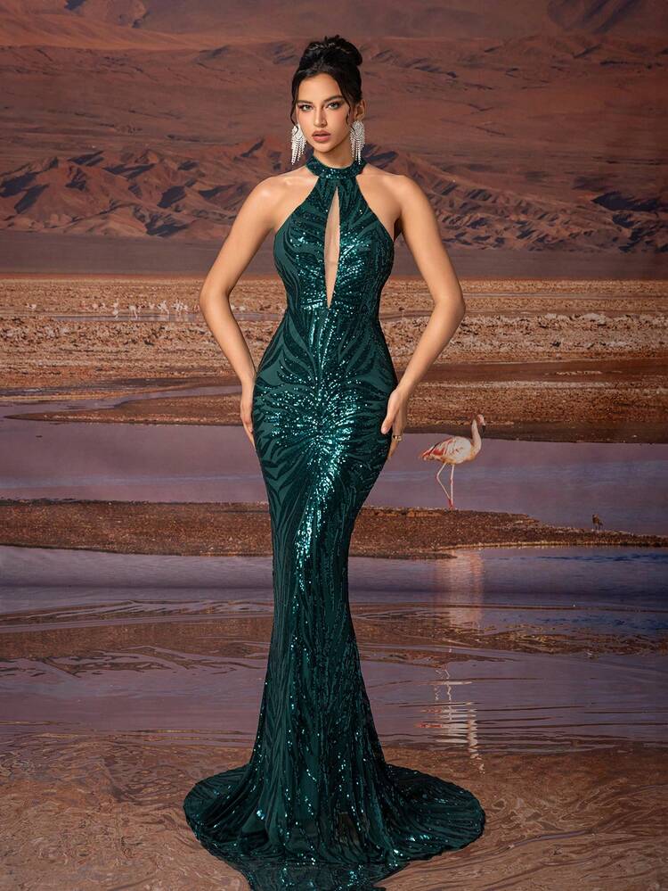 Top de lujo personalizado de AOSHABABI con diseño calado y bajo de cola de sirena, estilo largo entallado, adecuado para ocasiones formales, festivales de música, galas, bodas, fiestas, bailes de graduación, eventos de cóctel, citas, vacaciones y vestidos de dama de honor, vestido de fiesta - Verde Oliva - Añade 6