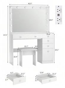 VOWNER 42.5" Vanity Desk With Lighted Mirror, 3 Color & Brightness Adjustable, Modern Makeup Vanity Desk With Power Outlet, Drawers & Cabinet, Come With Stool, Vanity Set Dresser For Girls Women, Gifts For Christmas, White/Black/Soft Pink - 白色 - 查看 6