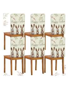 1/4/6 piezas Fundas de silla con estampado de conejo de Pascua, material de felpa corta elástica, decoración del hogar y fiesta festiva