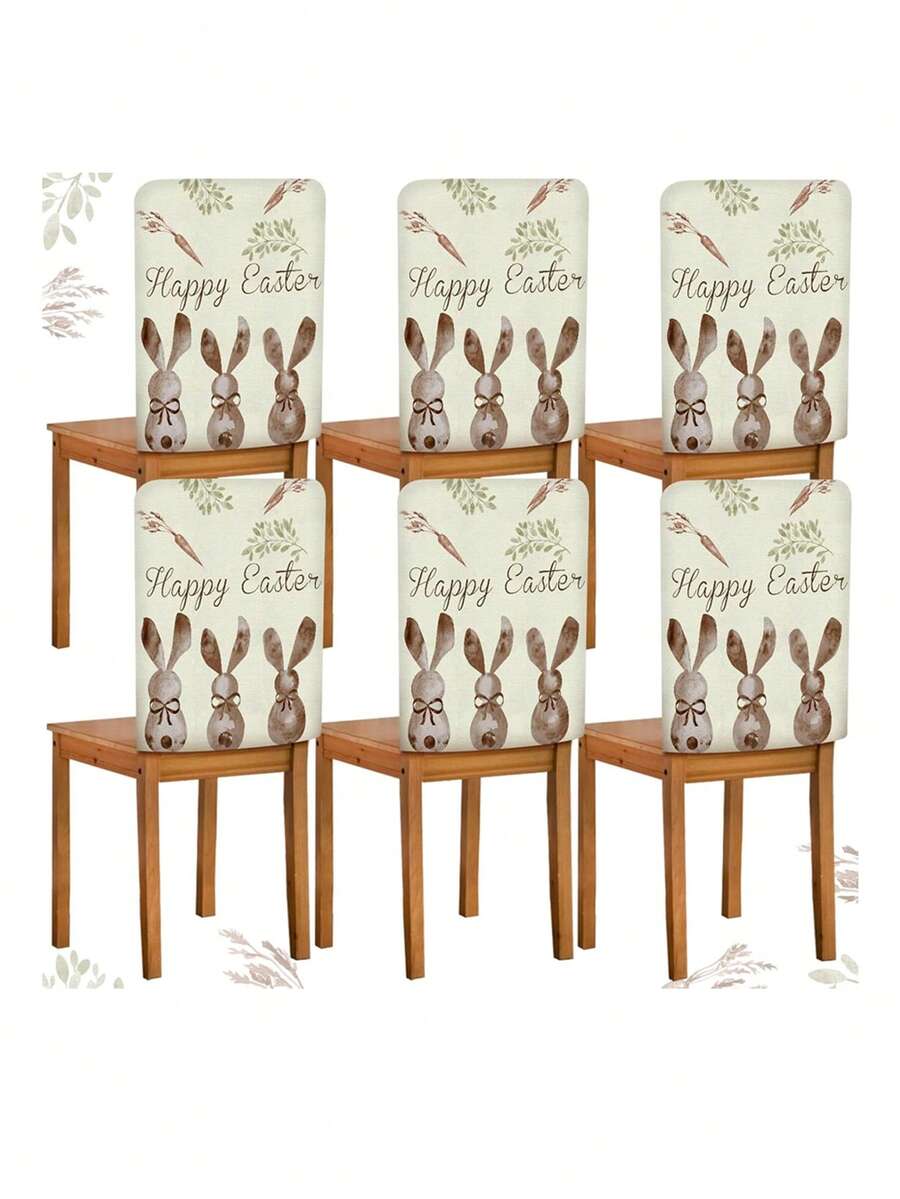 1/4/6 piezas Fundas de silla con estampado de conejo de Pascua, material de felpa corta elástica, decoración del hogar y fiesta festiva