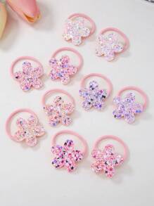 10pcs/Set Girls Shiny Sequin Pink Flower Hair Scrunchies, Cute & Fashionable Hair Ties, Suitable For Daily Use - Multicolor - View 4