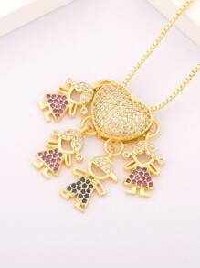 1pc Valentine's Multicolor Zirconia 18k Gold Plated Copper 4 Kids Pendant Necklace, Luxury Jewelry Gift For Women,Mom,Mother,Mother's Day,Gift - Gold - View 5