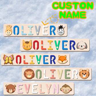 [Customized Puzzles] Personalized Name Puzzle, Wooden Name Puzzle, Animal Element Style, Ideal For Baptism, Birthday, Christmas, New Year Gifts, Support English Letters Only, Exquisite 1st Birthday Gift Suitable For Boys And Girls