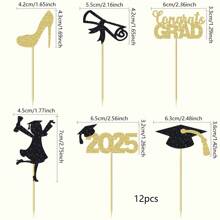 12/24pcs 2025 Graduation Theme Cupcake Toppers, Glitter Design, Class Of 2025, Congrats Grad, Suitable For 2025 Graduation Theme Birthday Party Supplies - Multicolor - View 10