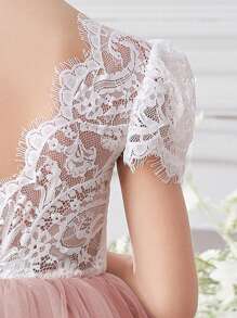 年轻女孩蕾丝边 V 领网眼派对礼服，优雅公主礼服，适合女孩生日派对、婚礼、伴娘、选美，粉色 - 藕粉色 - 查看 4