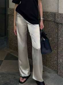 Women's Casual Wide Leg Dress Pants Elastic Waist Solid Color Satin Pants Work Trousers - 杏色 - 查看 2