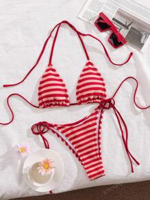Nuevo conjunto de bikini con envoltura de felpa suave de rayas estilo halter, simple y elegante para fiestas y playa, para mujeres, verano