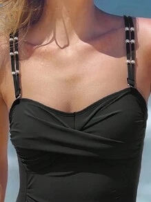 New Arrival Women's Solid Black Spaghetti Strap Beaded Decor Criss-Cross Pleat Minimalist One-Piece Swimsuit, Summer Beach Vacation
