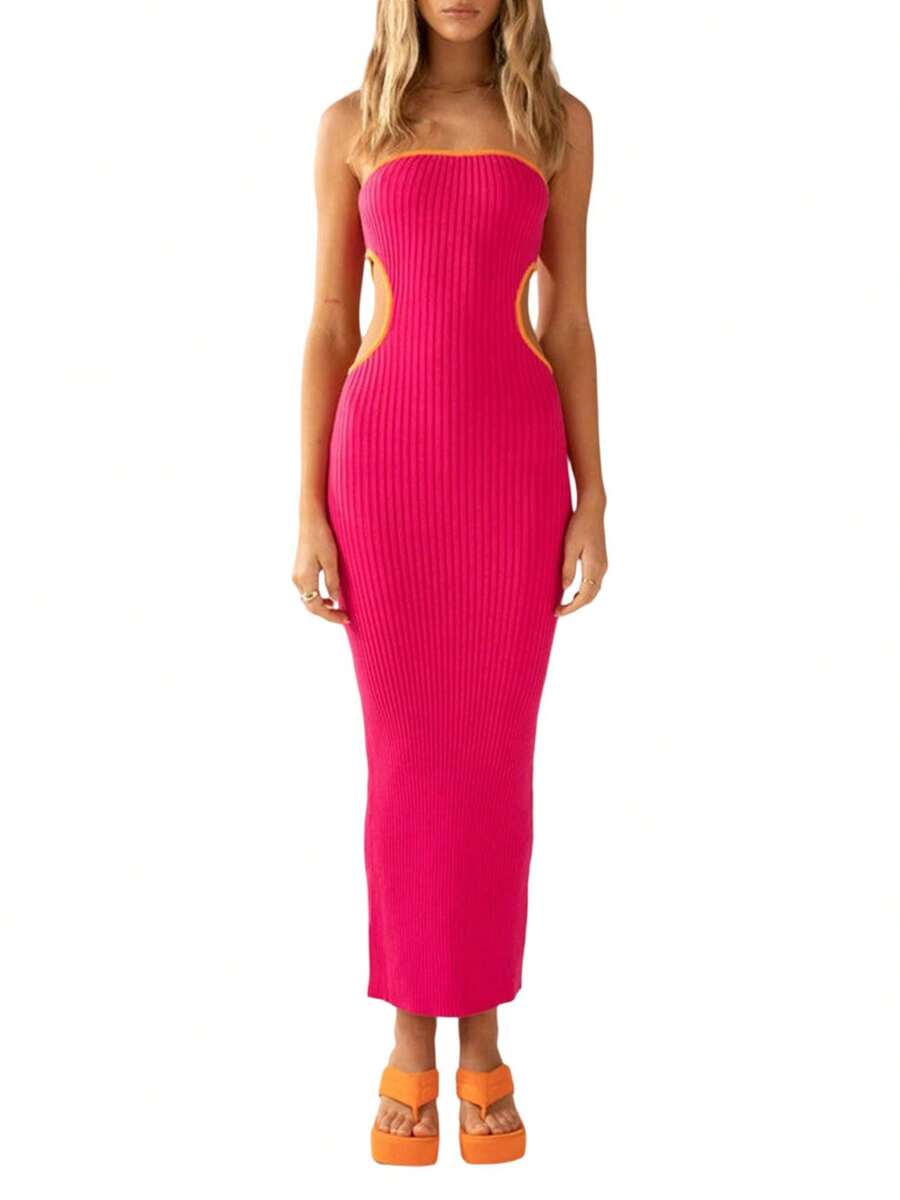 Women's Bodycon Tube Dress, Strapless Side Cutout Contrast Color Ribbed Long Dress - Hot Pink - View 1