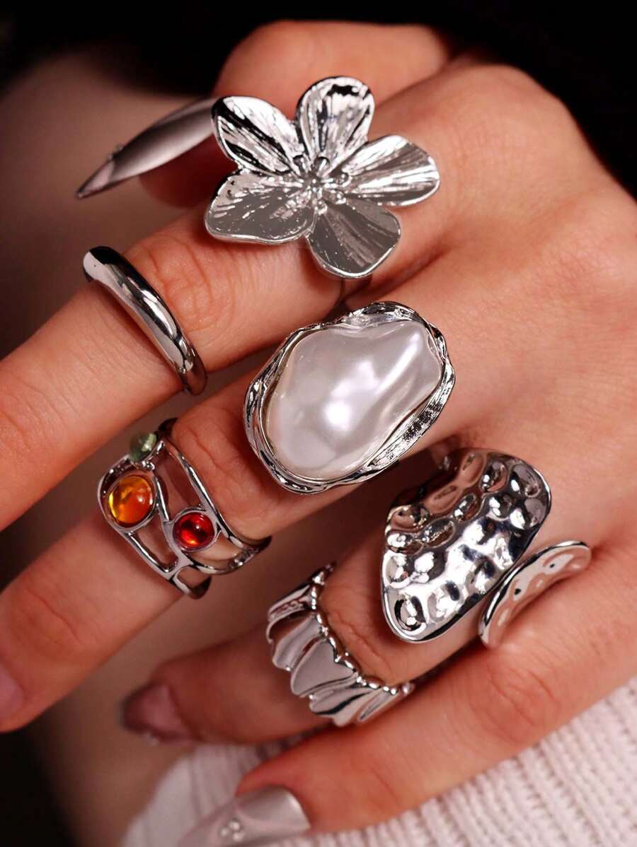 Bộ 6 chiếc/bộ thời trang tối giản tinh tế cao cấp thanh lịch độc đáo sáng bóng sang trọng hình học hoa đá quý nhiều màu sắc cho phụ nữ, trang sức đeo hàng ngày - Nhiều màu - Xem 1