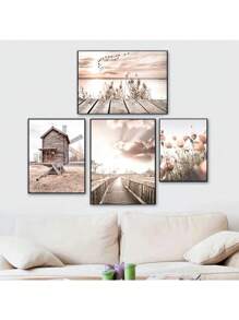 1 pieza Impresión en lienzo de paisaje marino, póster de playa con puente de madera, flor de heno, arte de pared pintura estilo nórdico para decoración de sala de estar sin marco