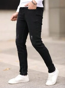 男式经典黑色紧身弹力牛仔裤，破洞修身牛仔裤 - 黑色 - 查看 6