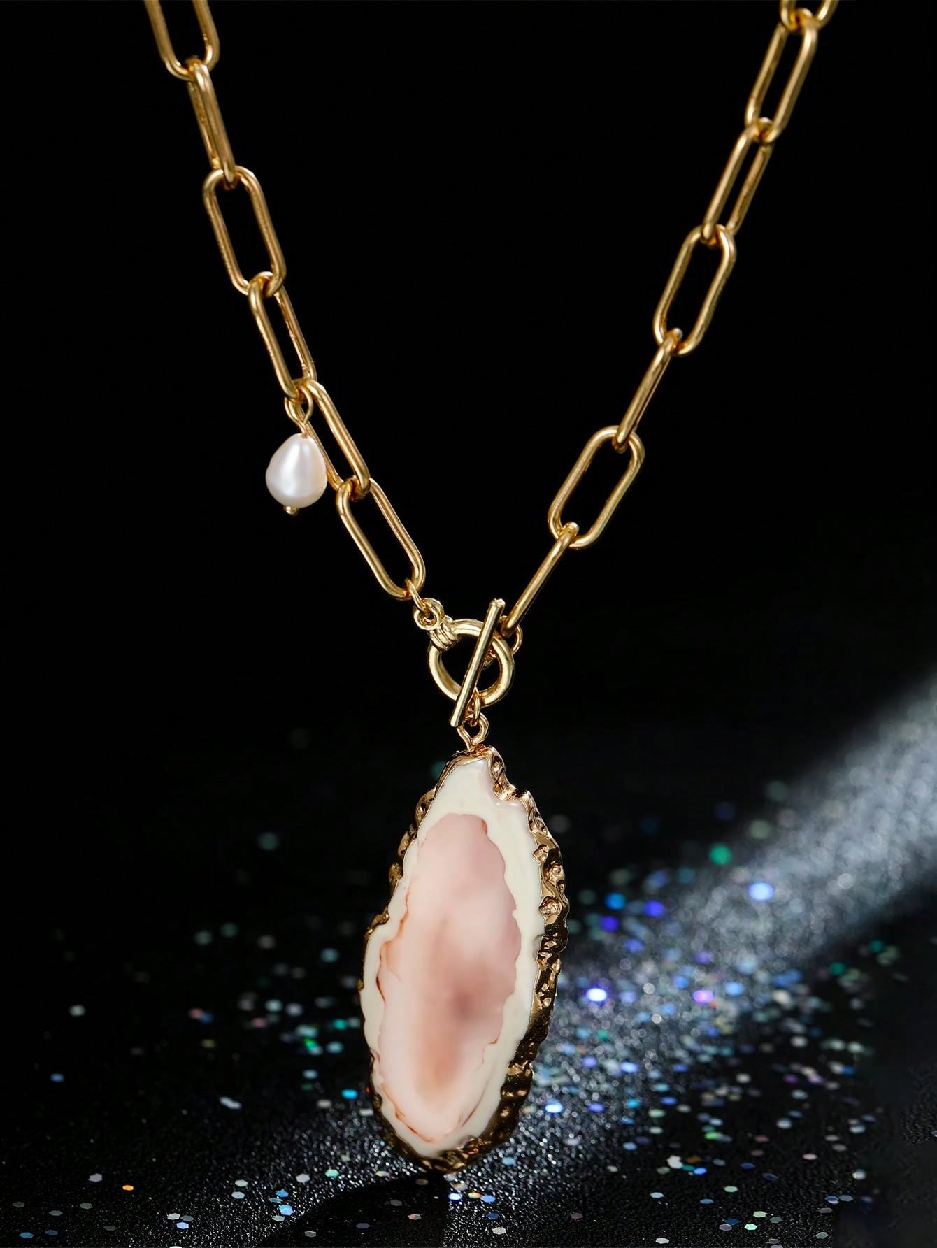 1pc Minimalist Hip Hop Style Gold Plaid Chain Necklace With Small Shell