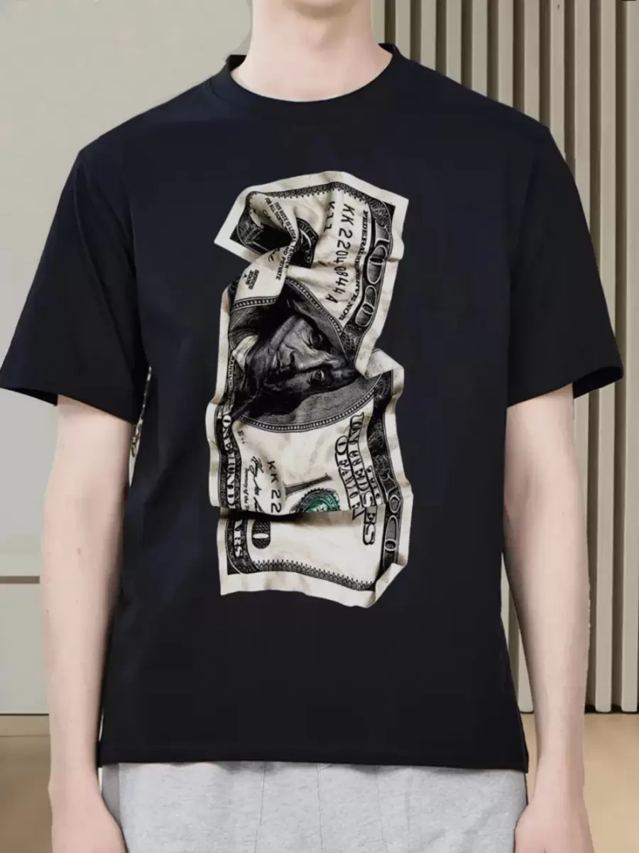Teen Boy 220g Thick Pure Cotton T-Shirt With Crumpled Dollar Print, Unique Money Theme