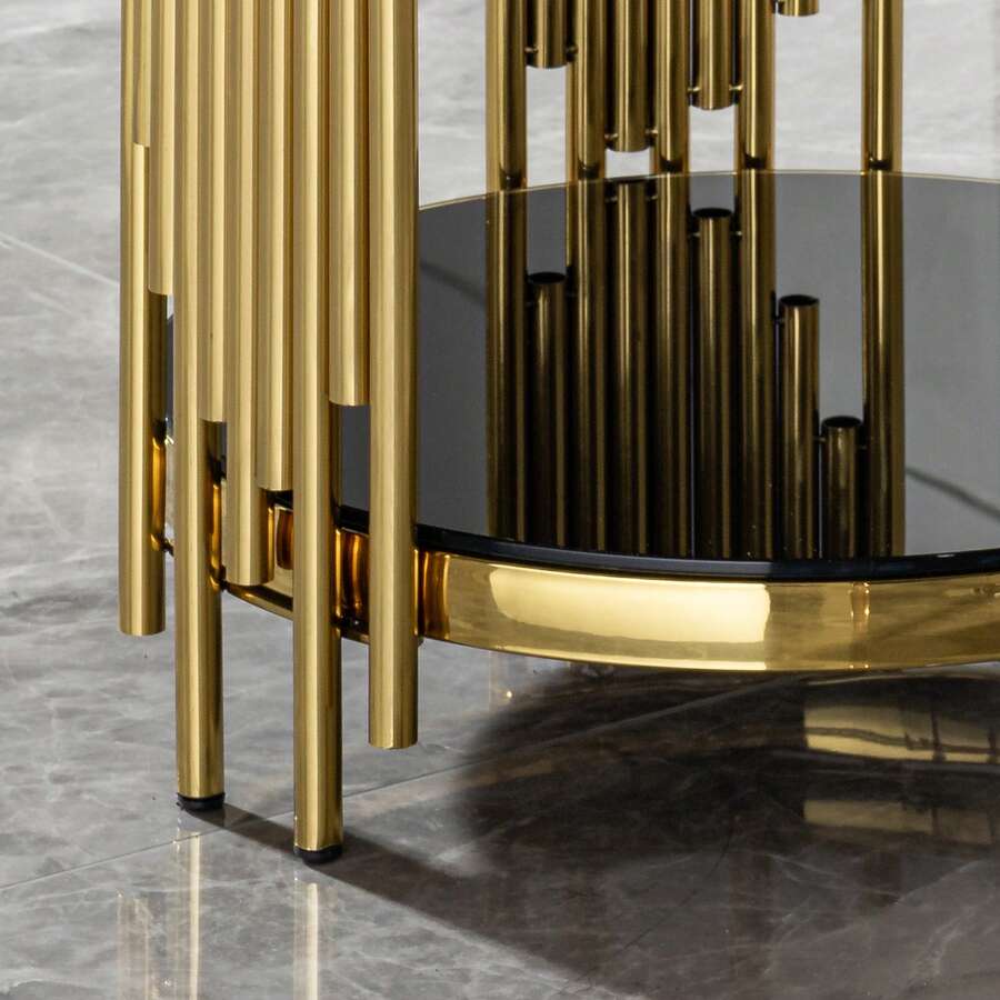 MoolSun Luxury Metal Living Room Furniture Set, Multi Person Dining Table For Living Room Gatherings, 2-Piece Luxury Metal Dining Chairs, Double-Layer Black Tempered Glass Top Edge Table, Double-Layer Black Tempered Glass Countertop With Stainless Steel Circular Living Room Coffee Table, Modern Glass Countertop Mirror With Gold Stainless Steel Living Room Entrance Table, Suitable For Living Rooms, Apartments, Kitchens, Bedrooms, Offices, And Hotels. - A-邊桌 - 查看 1