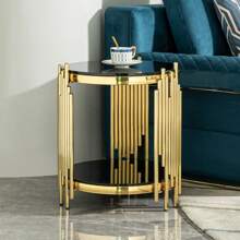 MoolSun Luxury Metal Living Room Furniture Set, Multi Person Dining Table For Living Room Gatherings, 2-Piece Luxury Metal Dining Chairs, Double-Layer Black Tempered Glass Top Edge Table, Double-Layer Black Tempered Glass Countertop With Stainless Steel Circular Living Room Coffee Table, Modern Glass Countertop Mirror With Gold Stainless Steel Living Room Entrance Table, Suitable For Living Rooms, Apartments, Kitchens, Bedrooms, Offices, And Hotels. - Bàn chữ A - Xem 5