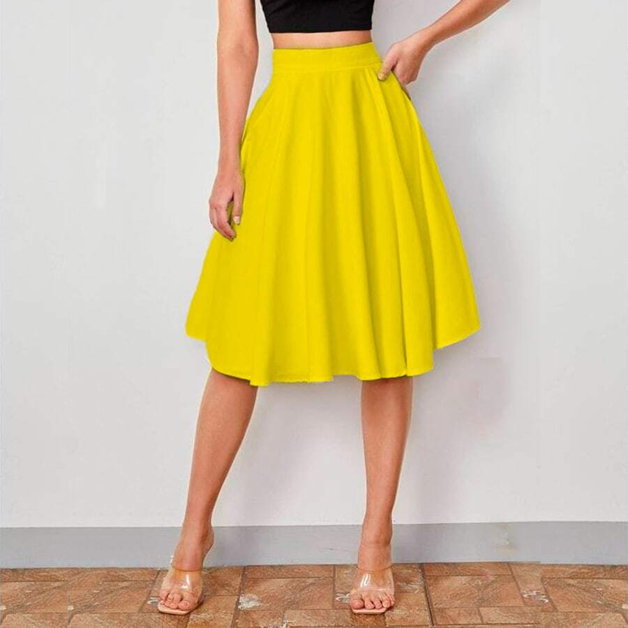 Conjunto falda y camiseta manga corta cintura alta vuelo ajuste femenino - Amarillo - Ver 1