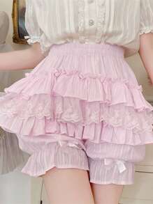 Pantalones cortos bombachos con diseño en capas tipo pastel y borde de encaje para mujer, cintura elástica con lazo, corte holado antideslizante, ideal para uso diario y estilo Lolita en primavera y verano - Rosa - Ver 5