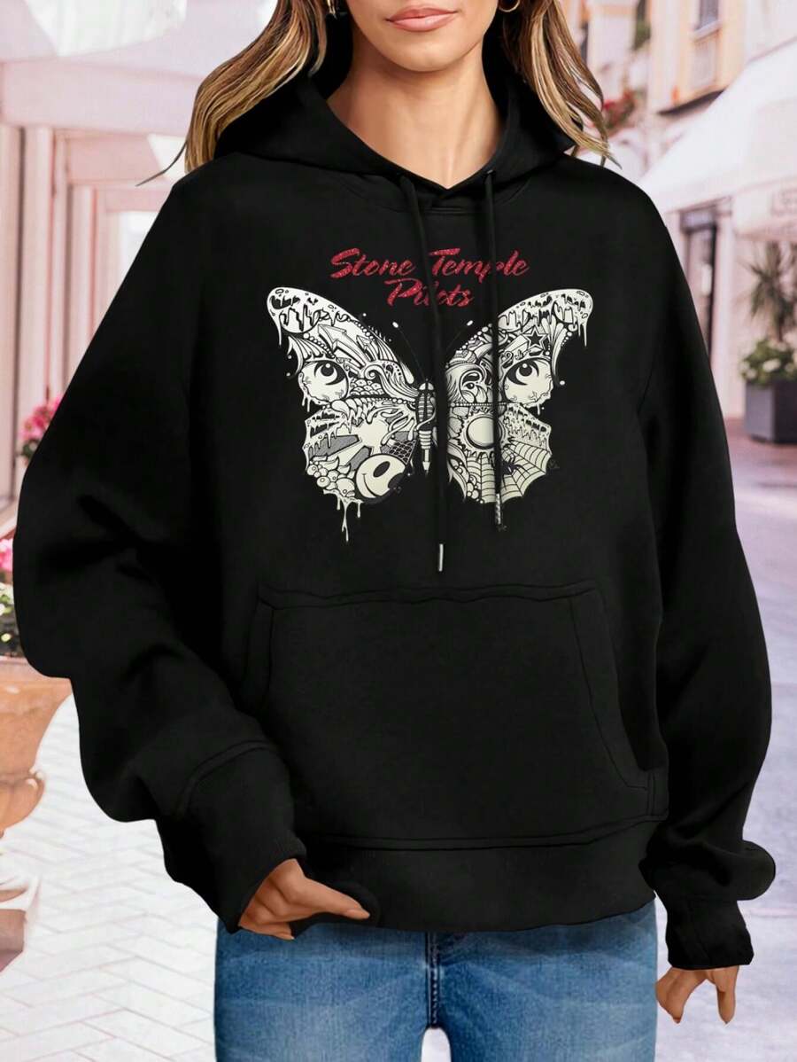 Women's Black White Stone Temple Pilots Hoodie T-Shirt Rock Band Merch - Black - View 1