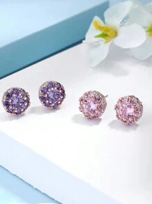 1 Pair Minimalist Diamond-Encrusted Pink Stud Earrings, Elegant Design For Women, Spring Versatile Accessory And Gift
