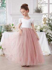 年轻女孩蕾丝边 V 领网眼派对礼服，优雅公主礼服，适合女孩生日派对、婚礼、伴娘、选美，粉色 - 藕粉色 - 查看 7