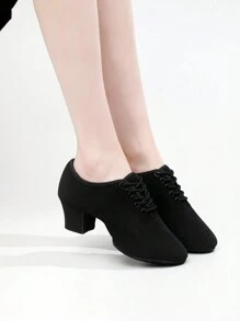 Nuove scarpe da ballo Oxford con lacci nere da donna, sneaker da ballo con suola morbida e tacco medio da 5 cm, perfette per attività da ballo al chiuso come balletto, cha-cha, moderno, latino, ballo da sala, recital, leggere - nero - Visualizzare 3
