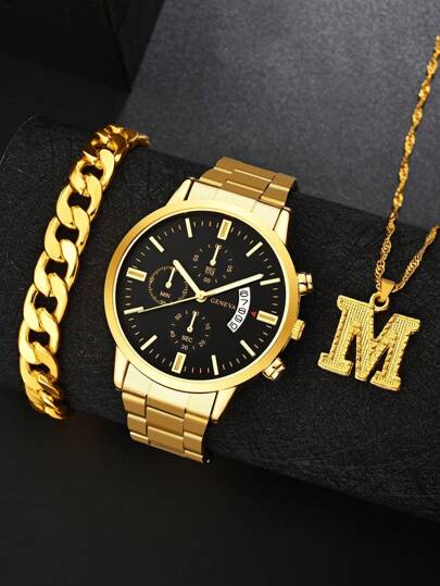 Men's Watch Set, Includes Letter Necklace, Bracelet And Men's Watch With Date Display. Casual & Fashionable, Suitable For Daily Wear, Birthday Gift, Party, Holiday Gathering, Ideal Gift For Yourself Or Friends. No Gift Box Included.