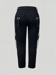 Quần jean cargo dáng skinny phong cách Y2K dành cho nữ cỡ lớn, màu đen, thích hợp cho mùa thu và mùa xuân. - màu đen - Xem 3