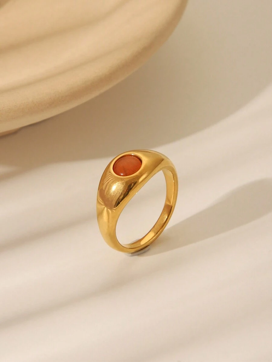 1pc Fashion Simple Stainless Steel Gold Color Ring With Pink Gem Stone, Suitable For Women's Daily And Festival Wear Or Gift